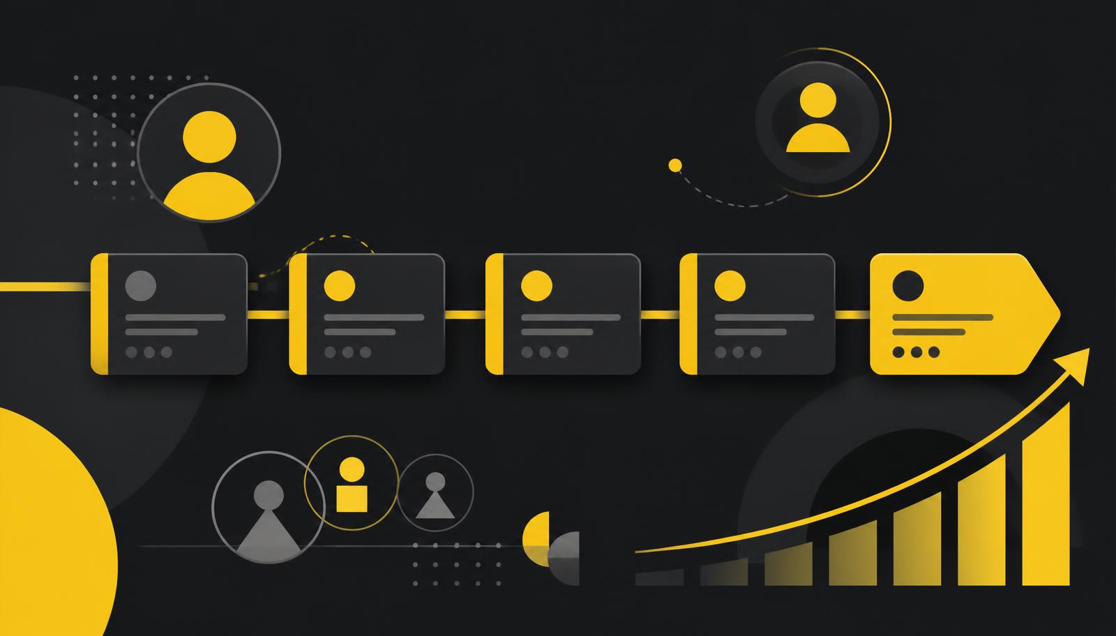 Illustration of a CRM sales pipeline with deal cards, contact avatars and a rising revenue chart