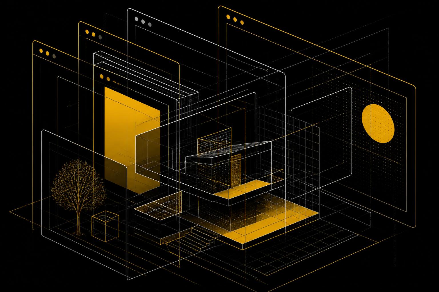 Isometric wireframe browser windows stacked in depth representing well-built websites