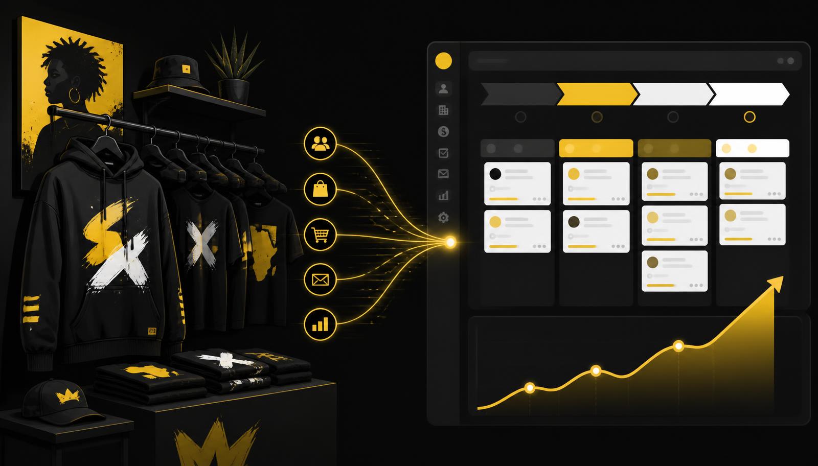 Rock Star Threads streetwear apparel connected by data lines to a Pipedrive-style CRM pipeline and rising revenue chart